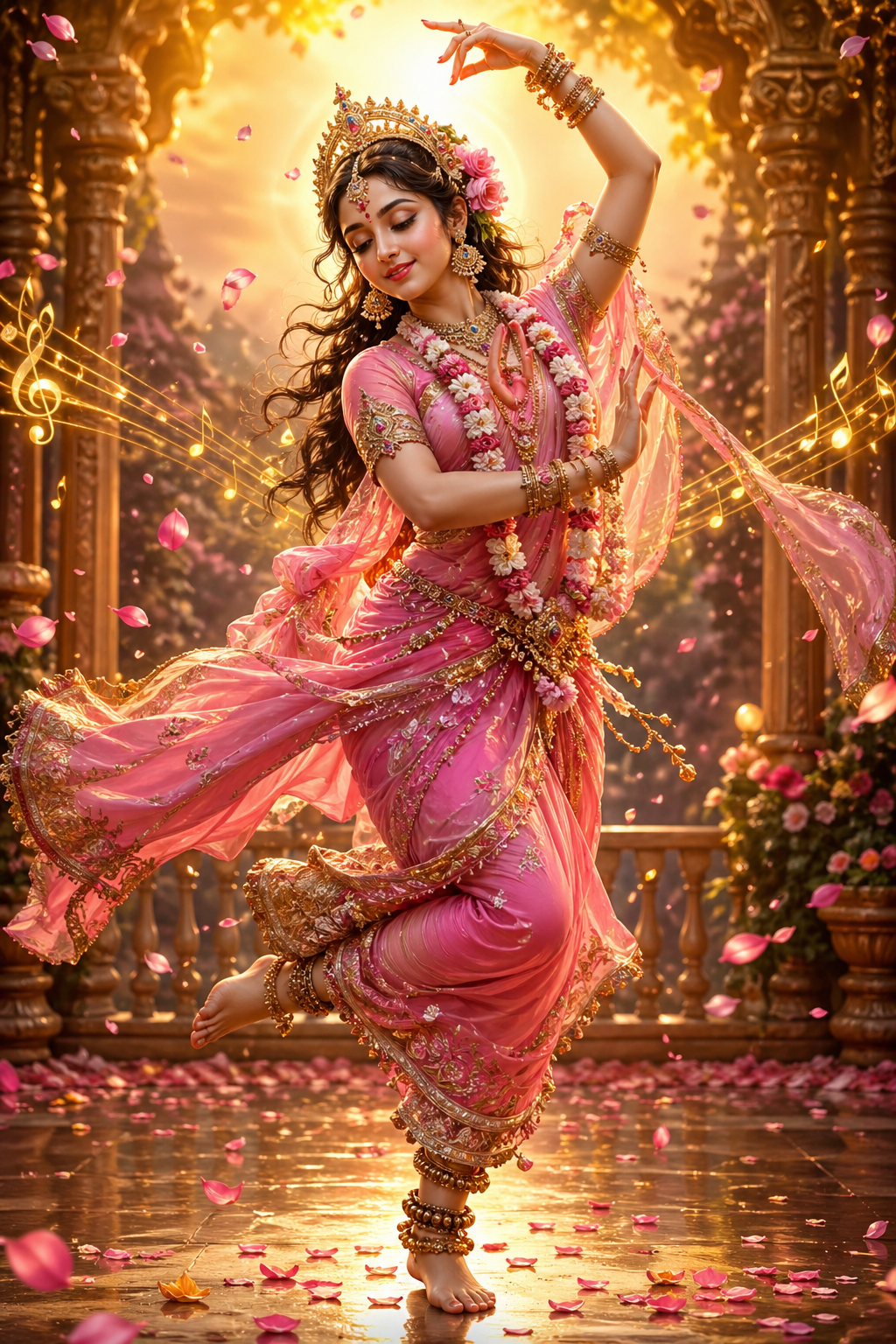 Radha Rani in flowing dance with classical Indian art style golden light anklets and musical energy — HD wallpaper